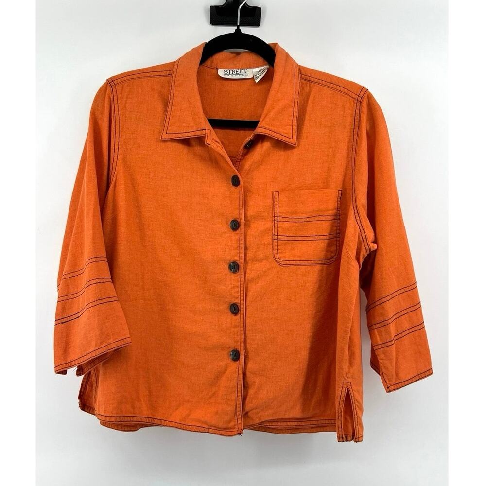 Street Fashion Women's Linen Short Sleeve Crop Button Down Shirt Size M Orange